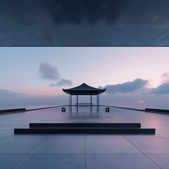 Minimalist Japanese Pagoda at Dusk: A Modern Architectural Ode to Serenity