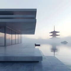 Minimalist Japanese-Inspired Futuristic Pagoda Building overlooking a Vast Misty Sky in 3D Rendered Height