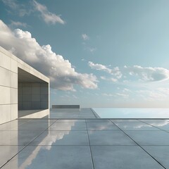 Minimalist Modern Deconstructivist Architecture: A 3D Rendered Isolated Platform Overlooking an Abstract Sky