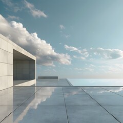 Fototapeta premium Minimalist Modern Deconstructivist Architecture: A 3D Rendered Isolated Platform Overlooking an Abstract Sky