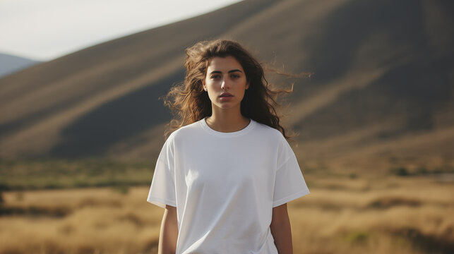 Woman in Oversized White T-shirt in Valley