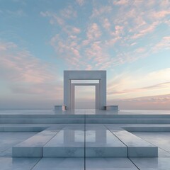 Minimalist Neoclassical Architecture: A Futuristic Building Overlooking an Expansive Gradient Sky