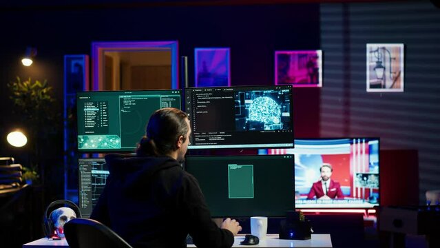 Hackers found by cybercriminal law enforcement escaping with stolen data on SSD after failing to conceal online identity. Criminal in hideout running from police after hacking into servers, camera A