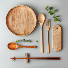 Natural kitchen tools wood products with spoon and cutting board