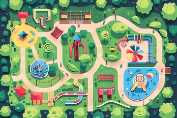Park attractions flat design top view entertainment theme cartoon drawing analogous color scheme