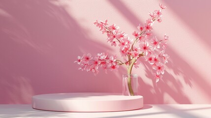 Pink Display Podium: 3D Spring Flower Scene for Beauty Products