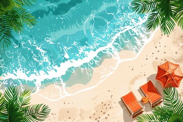 Sandy beach flat design top view holiday theme cartoon drawing analogous color scheme
