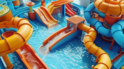 Water park fun flat design top view entertainment theme 3D render splitcomplementary color scheme