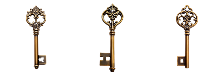 A set of antique bronze keys isolated on transparent background