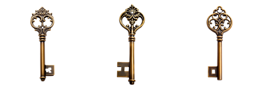 A set of antique bronze keys isolated on transparent background