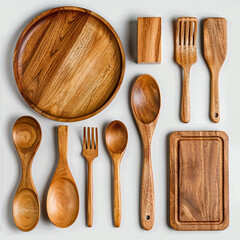 Natural kitchen tools wood products with spoon and cutting board