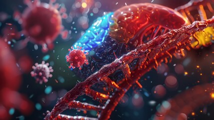 Human liver anatomy, DNA with hepatitis b virus. 3d illustration. Background for medicals