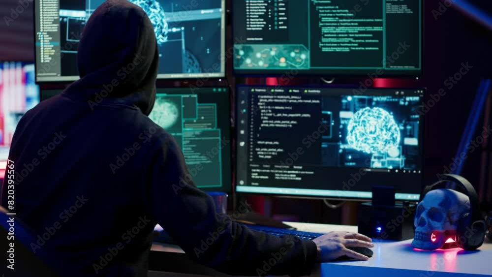 Poster evil cybercriminal using ai deep learning to produce virus corrupting data. rogue programmer working