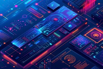 Obraz premium Web development top view illustrating website architecture and user interface design technology tone Complementary Color Scheme