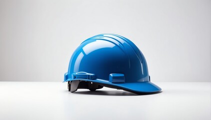 Fototapeta premium blue safety helmet on plain white background with copyspace from Generative AI