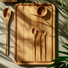 Natural kitchen tools wood products with spoon and cutting board