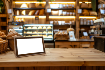 Cash register with blank monitor screen in organic bakery