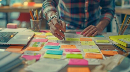 Fototapeta premium Business people write down an important note, using on the paper stickers post. Business Startup concept