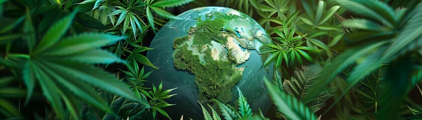 Global Greenery An eyecatching image of a globe encircled by lush cannabis leaves, symbolizing the worldwide impact of medical cannabis legalization and its potential to promote health and wellbeing o