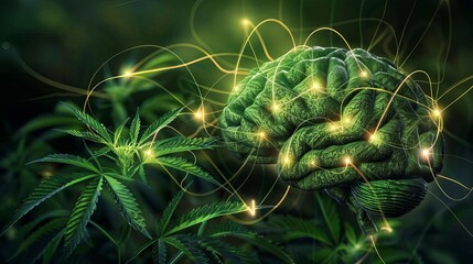 Neurological Integration An abstract depiction of a brain with illuminated neural pathways interwoven with cannabis leaves, illustrating the integration of cannabis into neurological systems and its p