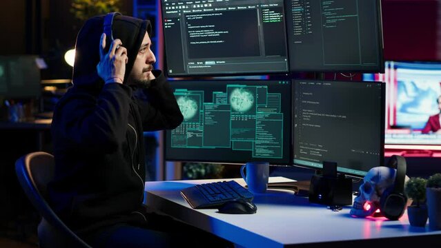 Hacker stealing credit card numbers while listening music through headphones. Evil developer programming in apartment, infiltrating banking systems, hearing songs, camera A
