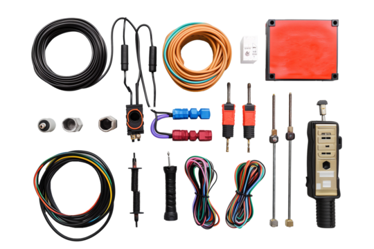 Top view of various electrical tools on a transparent background