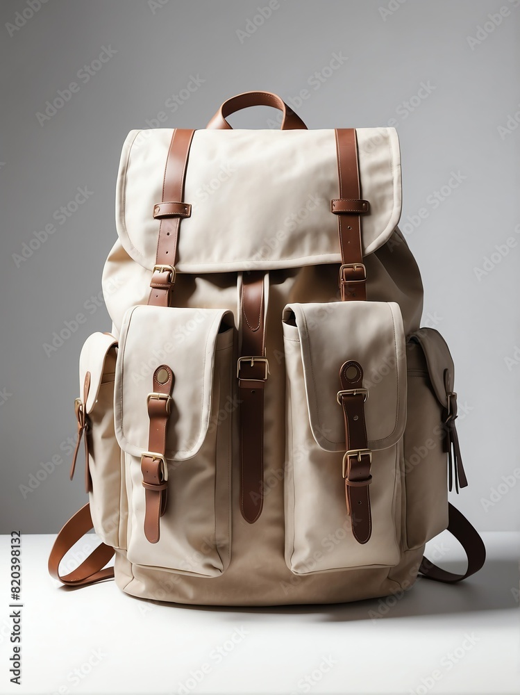 Wall mural beige backpack on plain white background from generative ai