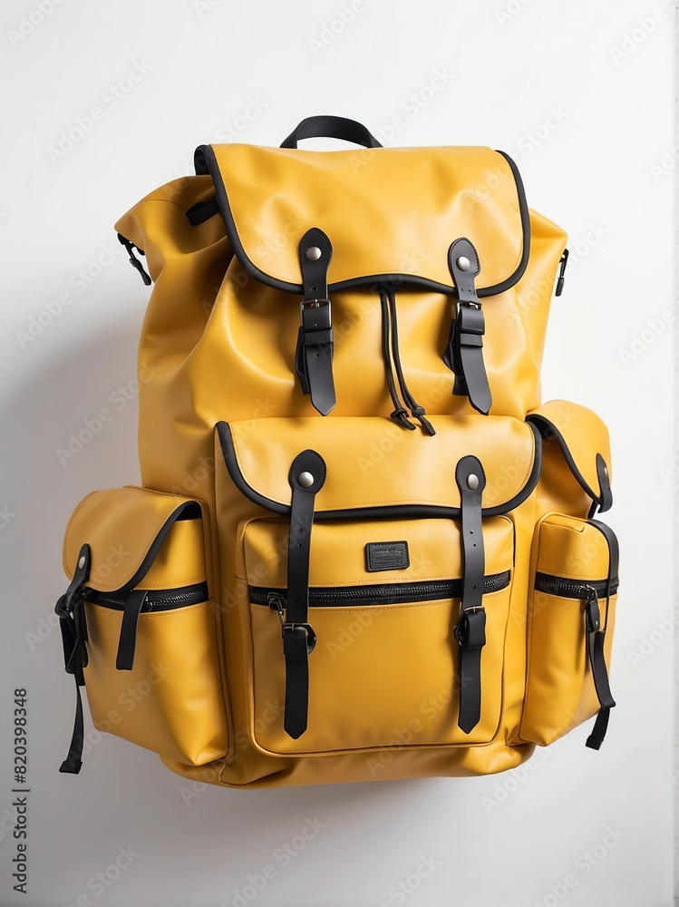 Wall mural yellow backpack on plain white background from generative ai