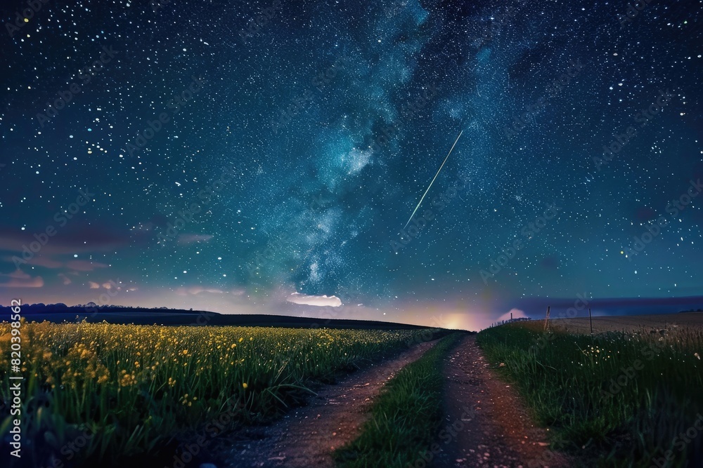 Wall mural Starry sky over the countryside with a shooting star, fields and roads in springtime at night. - Wall murals