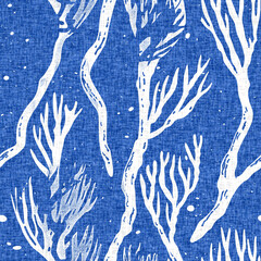 Whimsical seaweed kelp coastal electric blue beach pattern. Batik screen block print cloth effect. Playful tropical summervacation background. Modern scandi underwater plant seamless design.