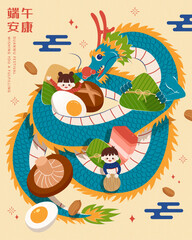 Dragon curled up kids and Dragon Boat Festival food ingredient. Text: Good luck for Duanwu holiday.