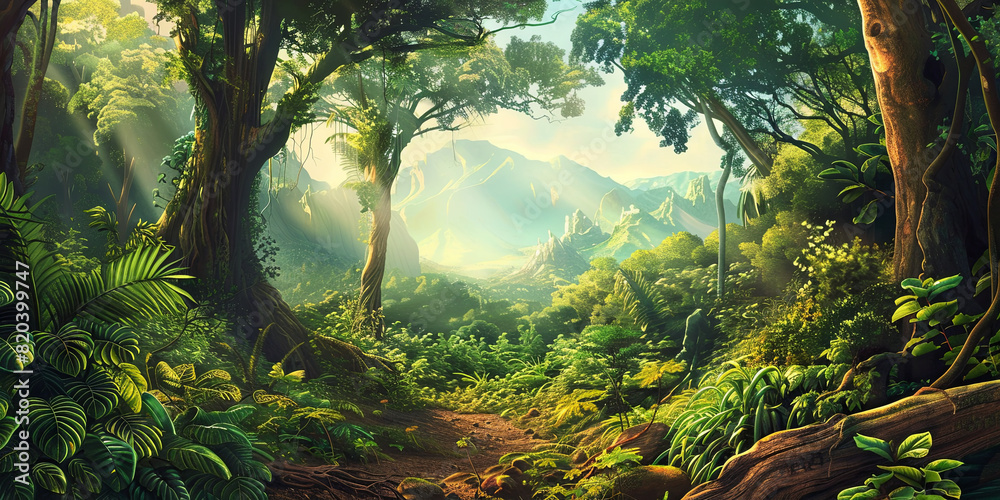Wall mural green forest with towering trees and rays of sunlight filtering through the leaves, generative ai