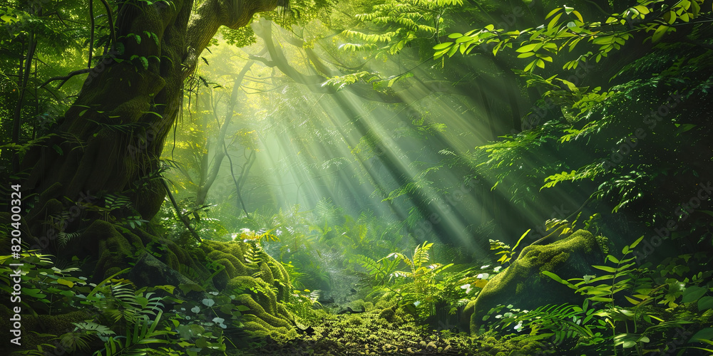 Wall mural green forest with towering trees and rays of sunlight filtering through the leaves, generative ai