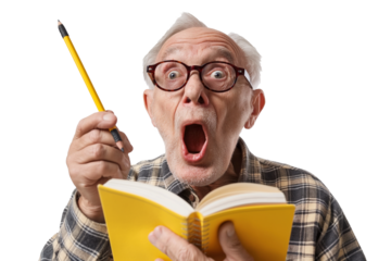 Surprised senior with book and pencil isolated on transparent background