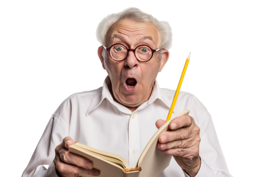 Surprised senior with book and pencil isolated on transparent background - Powered by Adobe