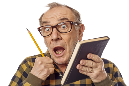Surprised senior with book and pencil isolated on transparent background