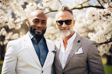 Springtime Portrait of Happy Multiracial Middle-Aged Gay Couple