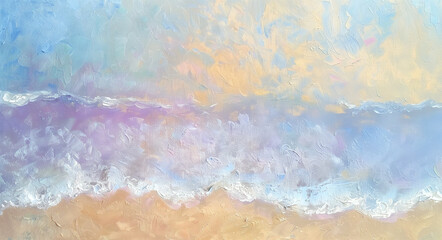 Abstract illustration of the beach concept. Blue, purple, yellow, sunny ocean water and beach sand painted impressionist paint art. Tropical paradise travel. 