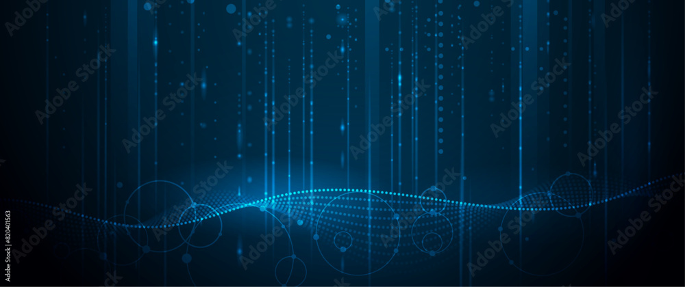 Aufkleber Illustration vector abstract wave, flow line, motion pattern and particle dot on dark blue background. Modern futuristic, big data design for background. Digital datum, high tech, technology concept