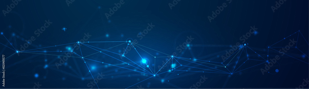 Poster Vector molecule, Network Connected lines with dots, technology on blue background. Abstract internet network connection design for web site. Digital data, communication, science and futuristic concept