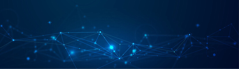 Vector molecule, Network Connected lines with dots, technology on blue background. Abstract internet network connection design for web site. Digital data, communication, science and futuristic concept
