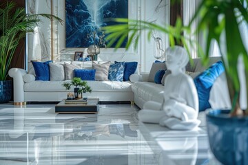 White and blue modern luxury interior design with marble, statues and plants.