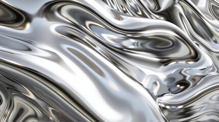 Abstract silver wavy background with shiny metallic lines and waxy texture. Ideal for business use, wallpapers, and designs needing smooth curves and copy space. Noise-free 3D rendering.