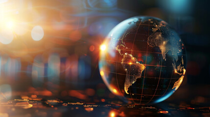 Obraz premium Neon blue and gold globe, world economic and financial concept