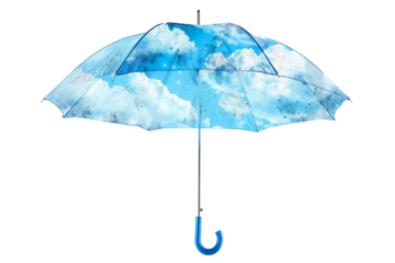 Blue umbrella with raindrops and thick clouds isolated on a transparent background