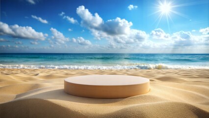 Beach podium summer background sand product 3D sea display platform. Beach podium summer banner stand scene sale sky holiday vacation stage water island sun travel pedestal promotion presentation ad.