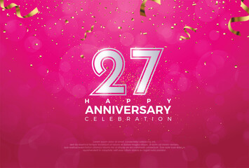 27th Anniversary celebration, 27 Anniversary celebration, Realistic 3d sign, stars, Pink background, festive illustration, Silver number 27 sparkling confetti, 27,28

