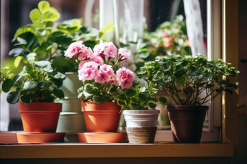 Potted Flowers on Windowsill in Natural Light