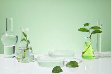 Unique photograph for promotion on light green background with gradient effect, blank platforms in...