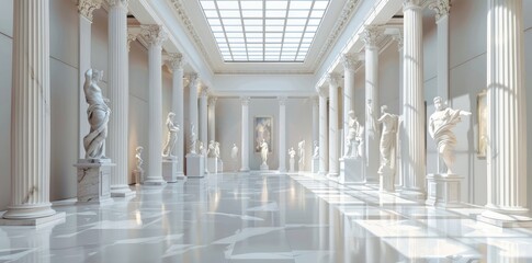 White marble statues and sculptures in an empty museum room with columns, ambient light from above, modern design furniture, high resolution, photorealistic,